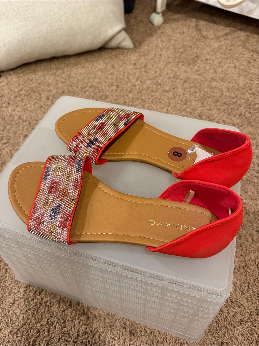 Women’s Red Slingback Sandals with Multicolor Beaded Strap